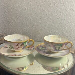 2Hand-Painted Floral Porcelain Teacup and Saucer Set - Pink and Green Mismatched